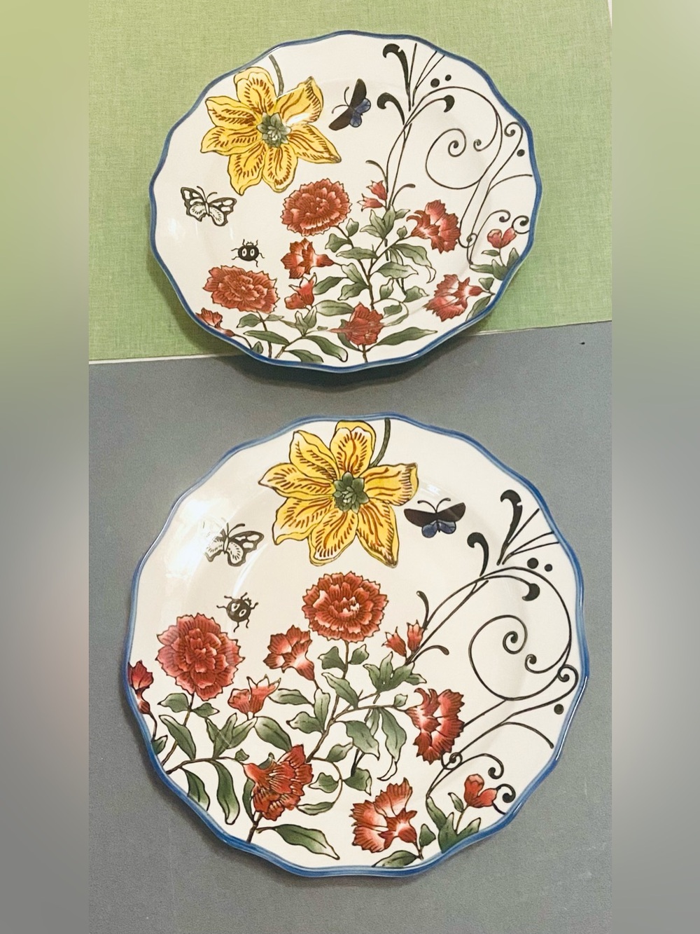 RARE ANTHROPOLOGIE Scalloped Edge Floral & Butterfly Plate. $45 ea. signs of use